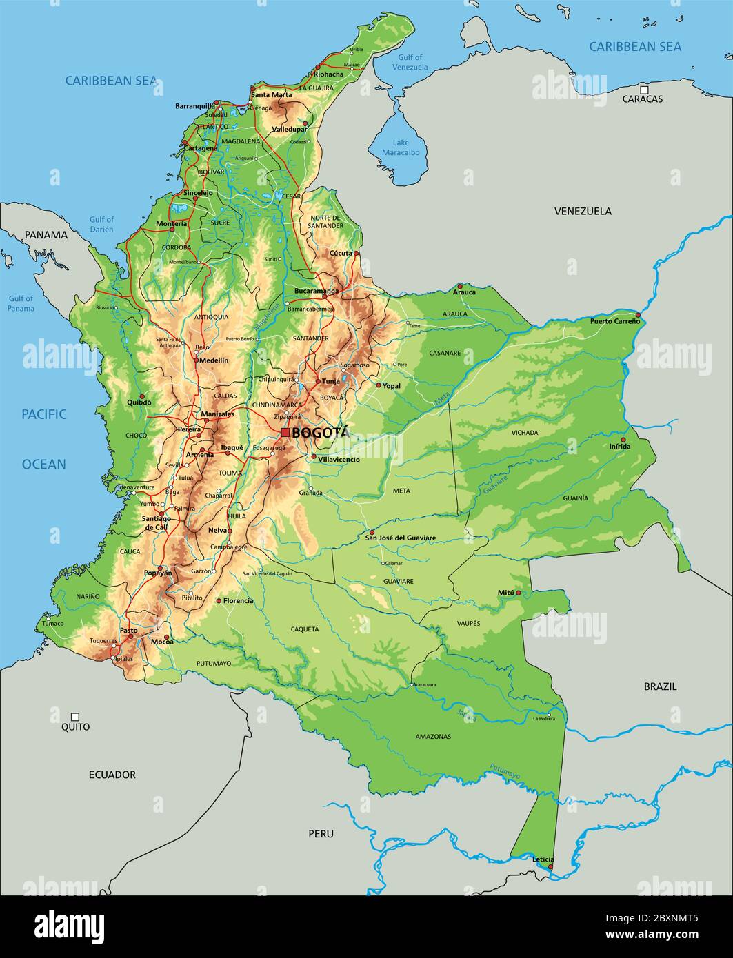 Mapa Físico De Colombia Con Alto Detalle Y Etiquetado Imagen Vector De