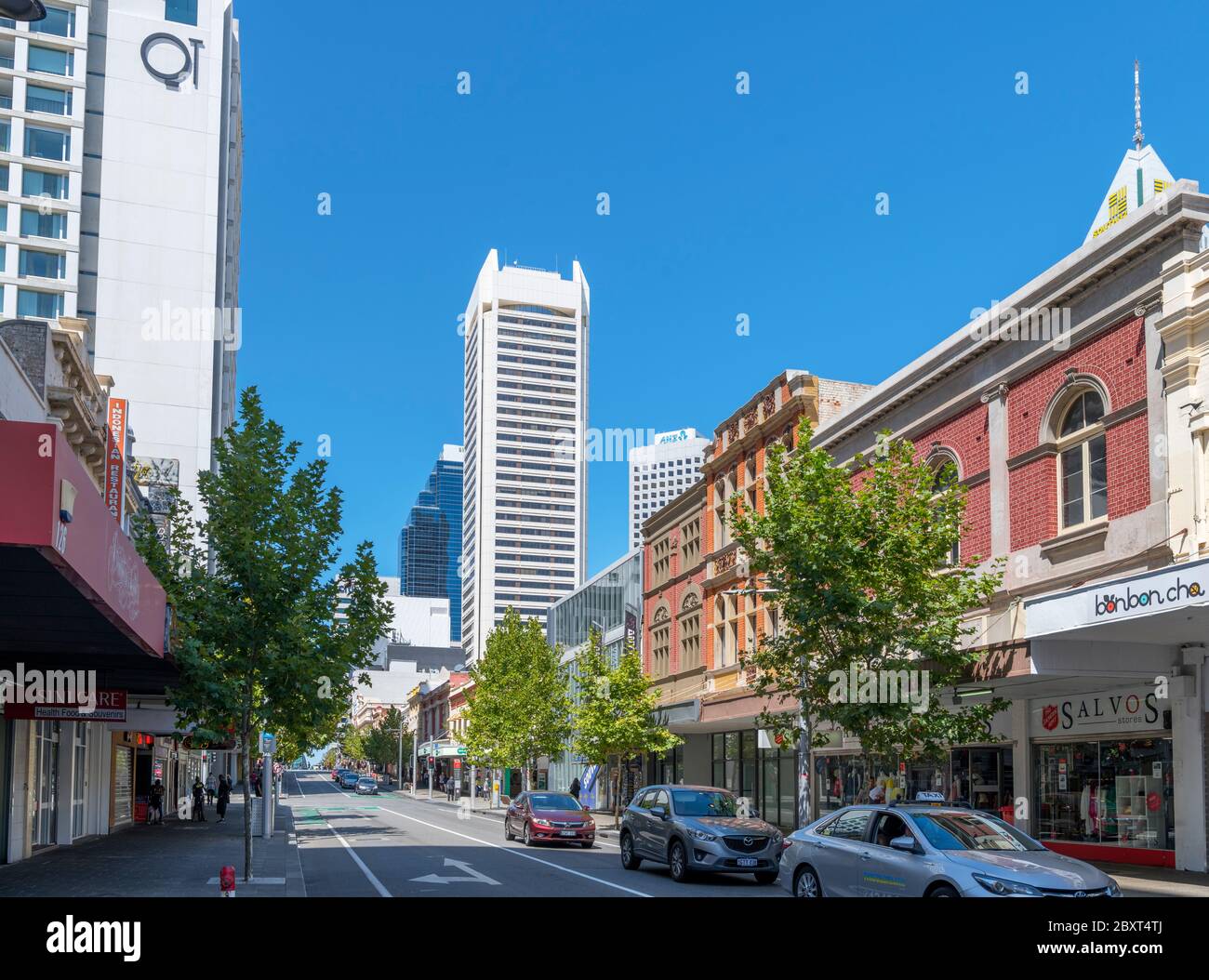 Tiendas en Barrack Street en el centro de Perth, Australia Occidental, Australia Foto de stock