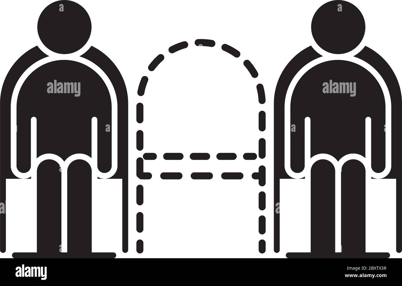 covid 19 coronavirus social distanciamiento físico sentado en una silla pública, brote propagación vector ilustración silueta estilo icono Ilustración del Vector