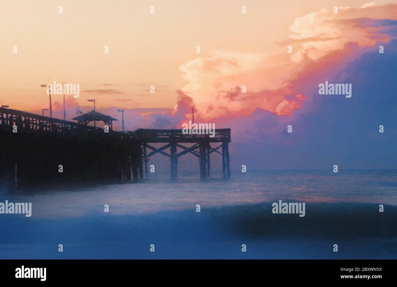 Arte digital de un amanecer con nubes en el cielo en un muelle en Myrtle Beach, Carolina del Sur. Foto de stock