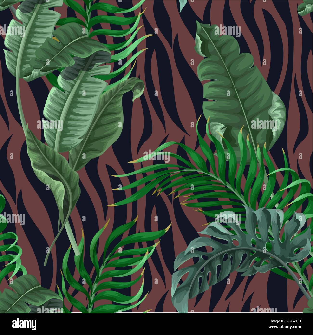Patrón de piel de cebra sin costuras con hojas tropicales. Vector. Ilustración del Vector