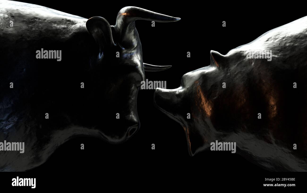 Dos piezas metálicas que representan a un toro que se opone a un oso con una luz dramática oscura que representa tendencias opuestas del mercado financiero - presentación en 3D Foto de stock