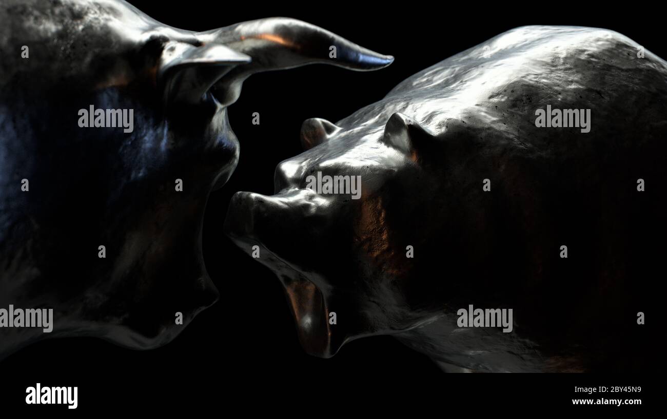 Dos piezas metálicas que representan a un toro que se opone a un oso con una luz dramática oscura que representa tendencias opuestas del mercado financiero - presentación en 3D Foto de stock