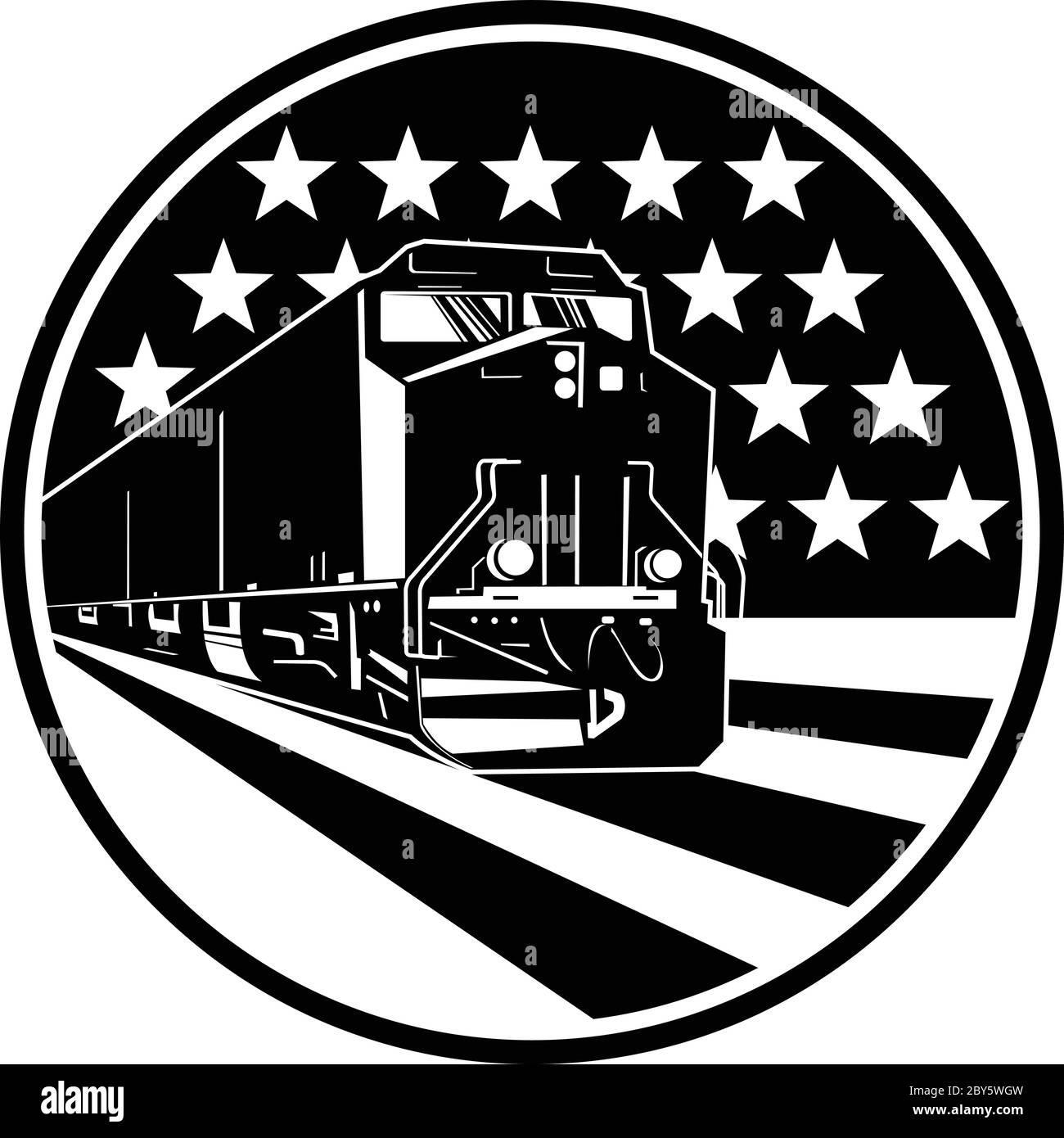 Ilustración de un tren de locomotora diesel americano visto desde el frente puesto dentro del círculo con estrellas de . Y rayas bandera en el fondo hecho en retr Imagen Vector de Ilustración de un tren de locomotora diesel americano visto desde el frente puesto dentro del círculo con estrellas de . Y rayas bandera en el fondo hecho en retr Imagen Vector de