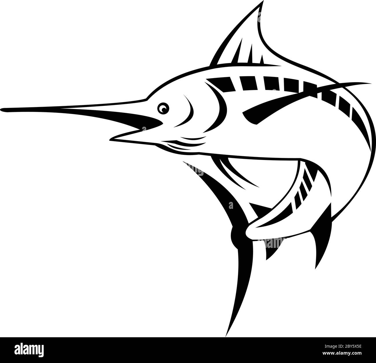 Ilustración de estilo retro de una aguja azul del Atlántico, una especie de aguja endémica del Océano Atlántico, nadando y saltando en negro y en blanco Ilustración del Vector