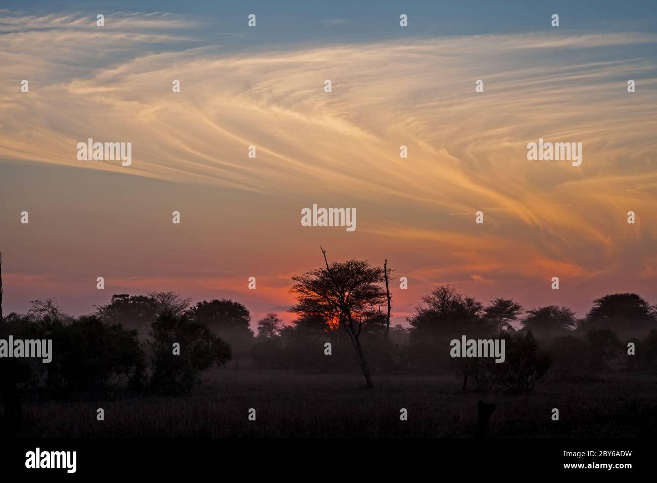 Bushveld puesta de sol con interesantes formaciones de nubes. 3610 Foto de stock