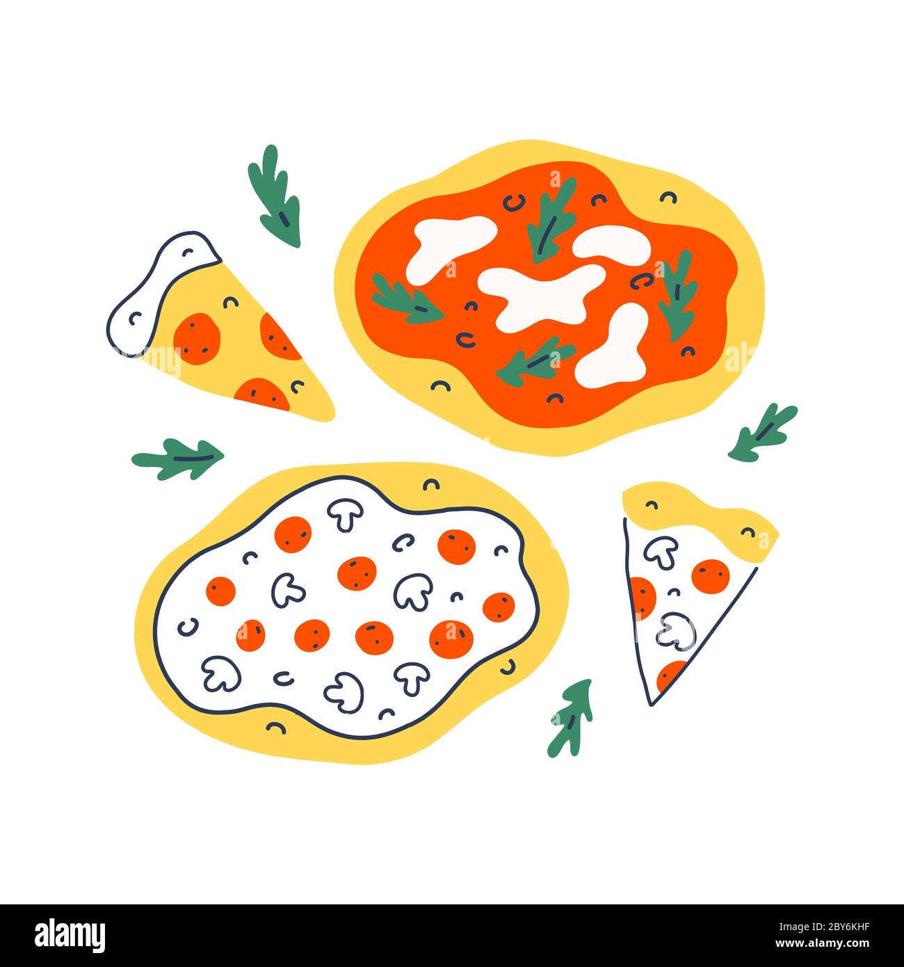 Colección de pizza, varias rebanadas de pizza, pepperoni y margherita, ilustración de comida rápida para servicio de entrega de pizzería, vector aislado dibujado a mano Ilustración del Vector