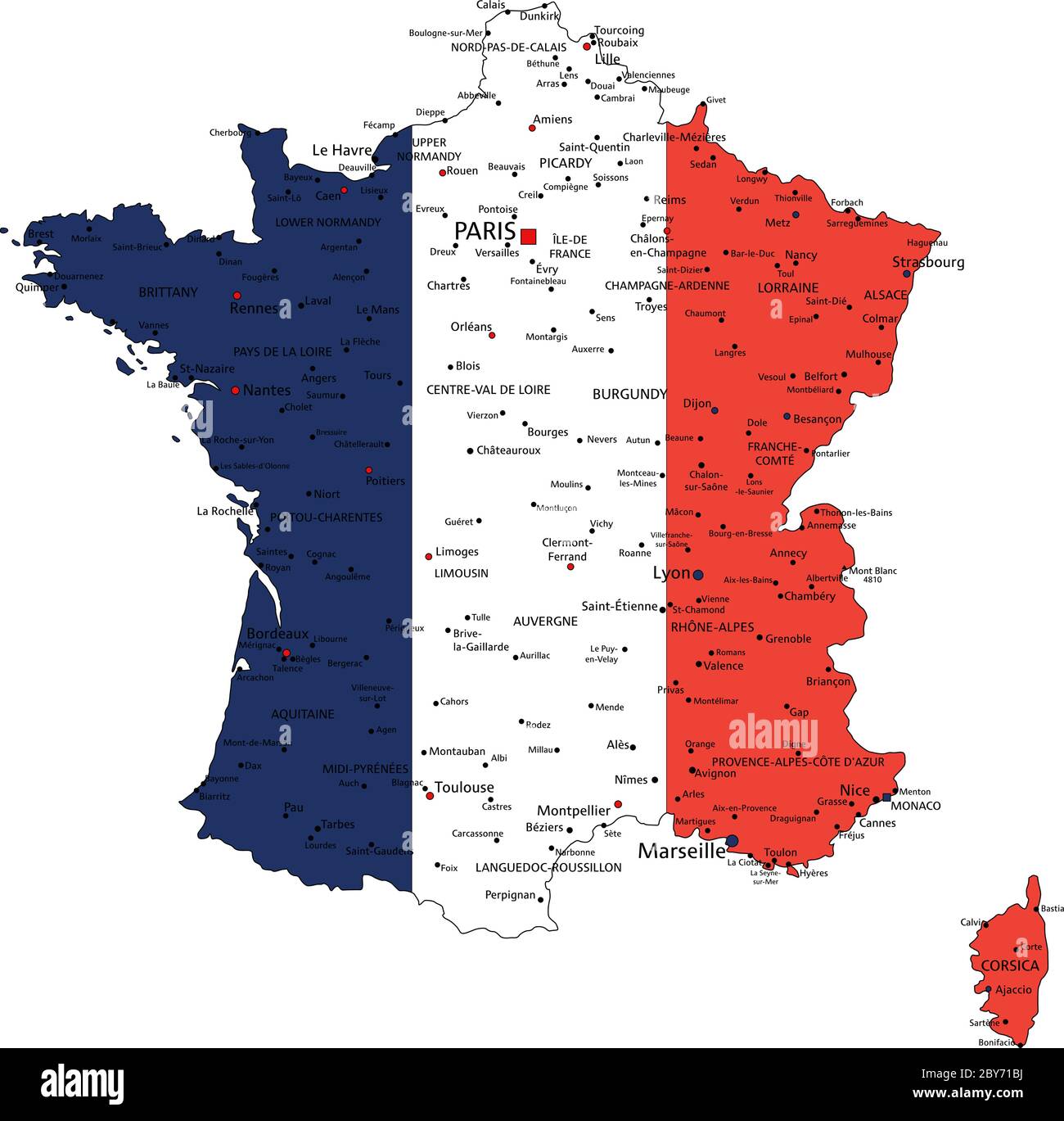 Francia Mapa político muy detallado con bandera nacional aislada sobre fondo blanco. Ilustración del Vector