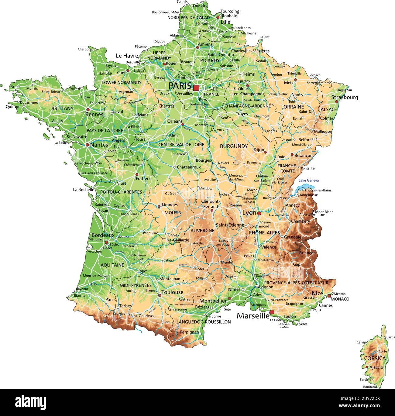Mapa físico de Francia con alto detalle y etiquetado. Ilustración del Vector