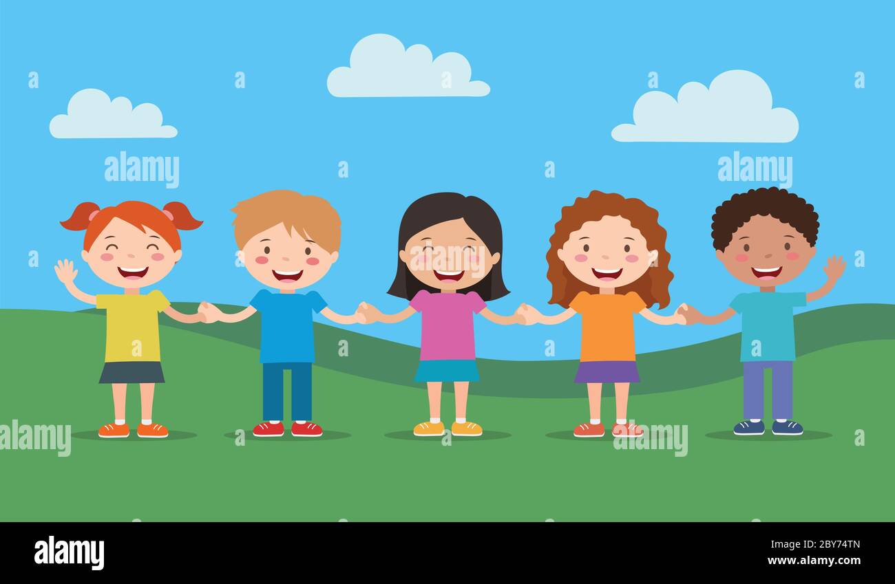 Ilustración de niños felices, diferentes niños y niñas dibujos animados, amistad, culturas, razas. Ilustración vectorial en estilo plano Imagen Vector de stock - Alamy