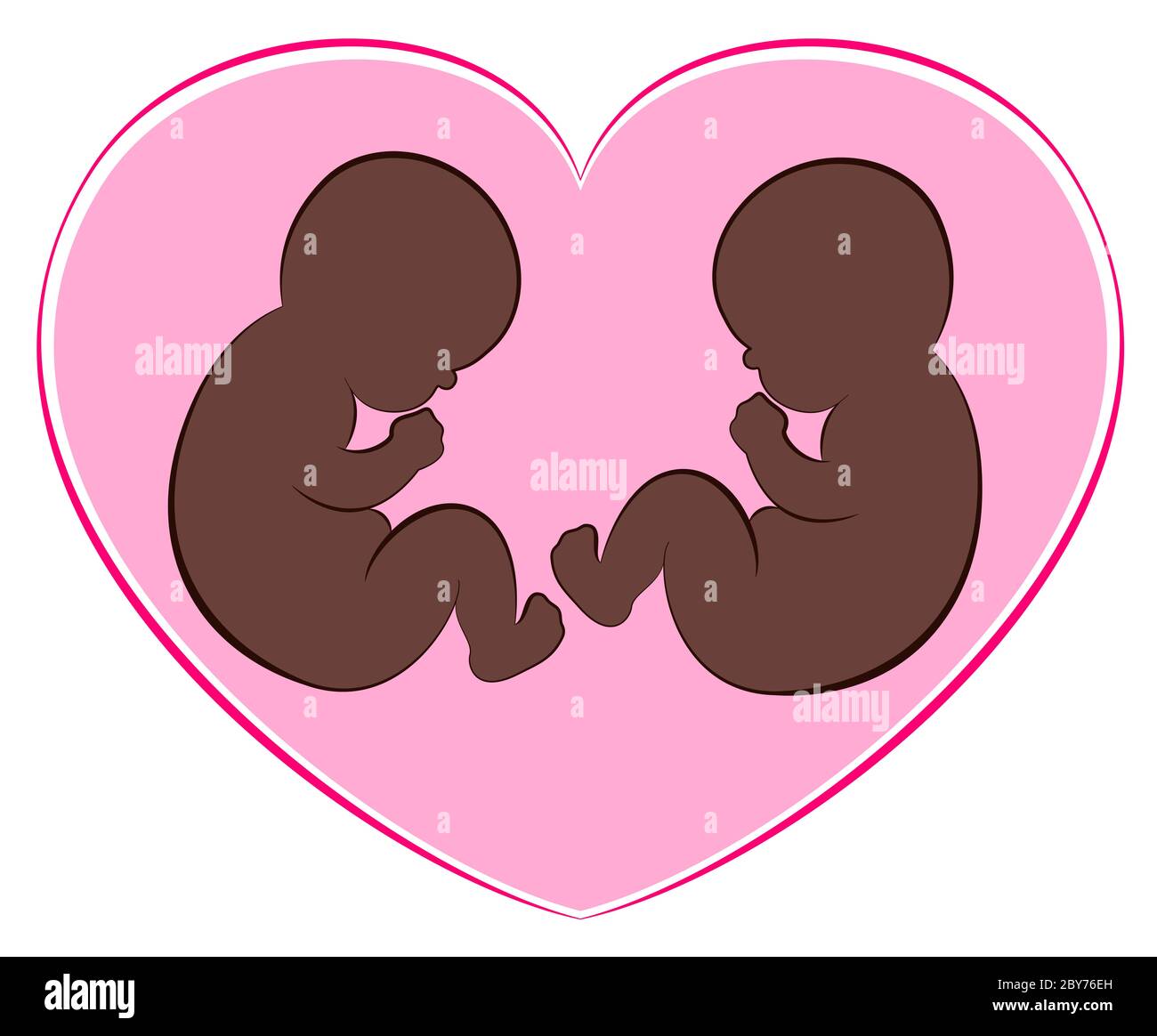 Ilustración de dos bebés negros o gemelos con un corazón rosa alrededor de ellos. Foto de stock