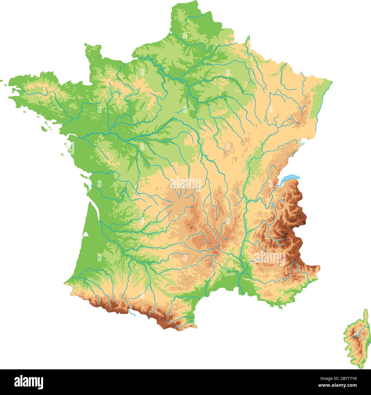 Mapa físico de Francia de alto detalle. Ilustración del Vector