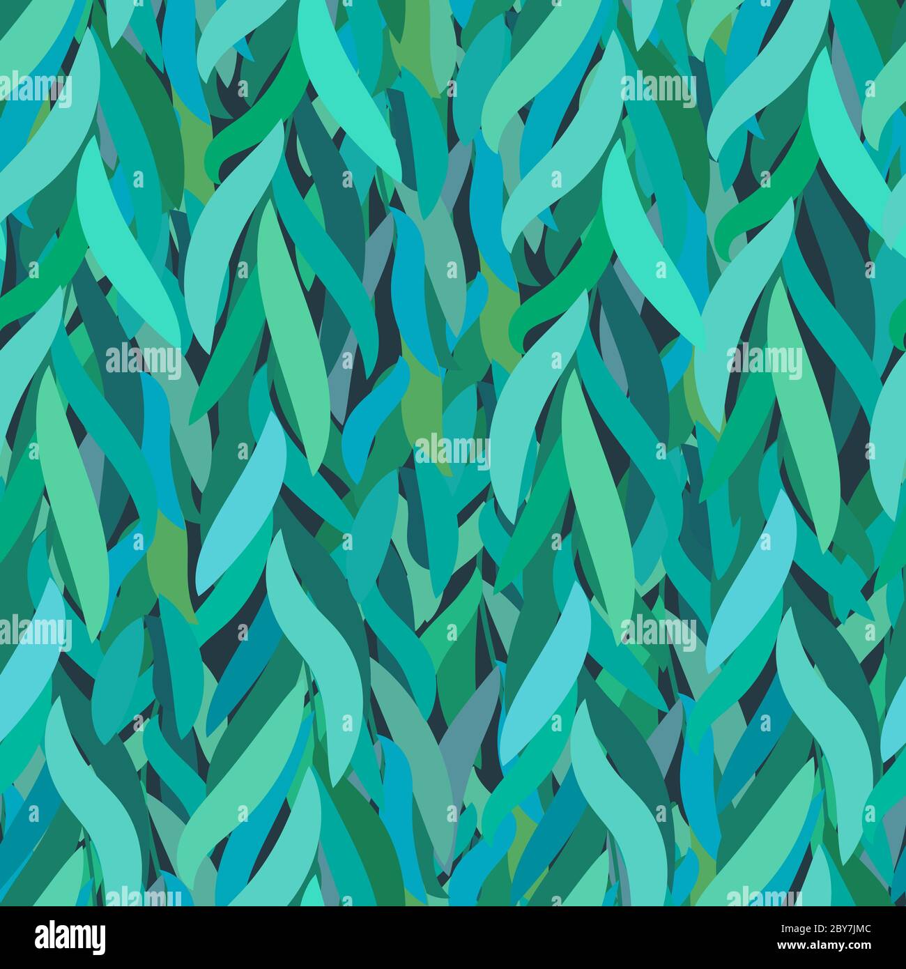 Fondo verde abstracto, hermoso, con textura de hojas de sauce. Varias hojas de tonos verde-azul, algas, hierba, hibernación de primavera. Ilustración del Vector