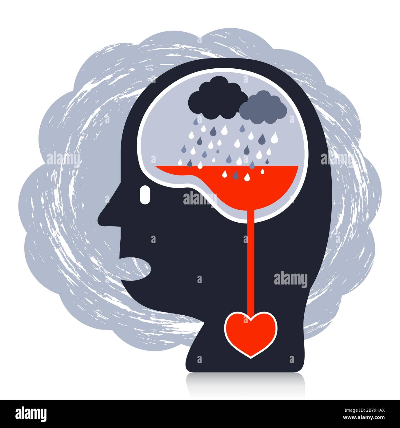 Concepto de salud mental de un personaje de dibujos animados que sufre. La  nube y la lluvia simbolizan el estrés continuo que afecta la salud  emocional y del corazón Imagen Vector de