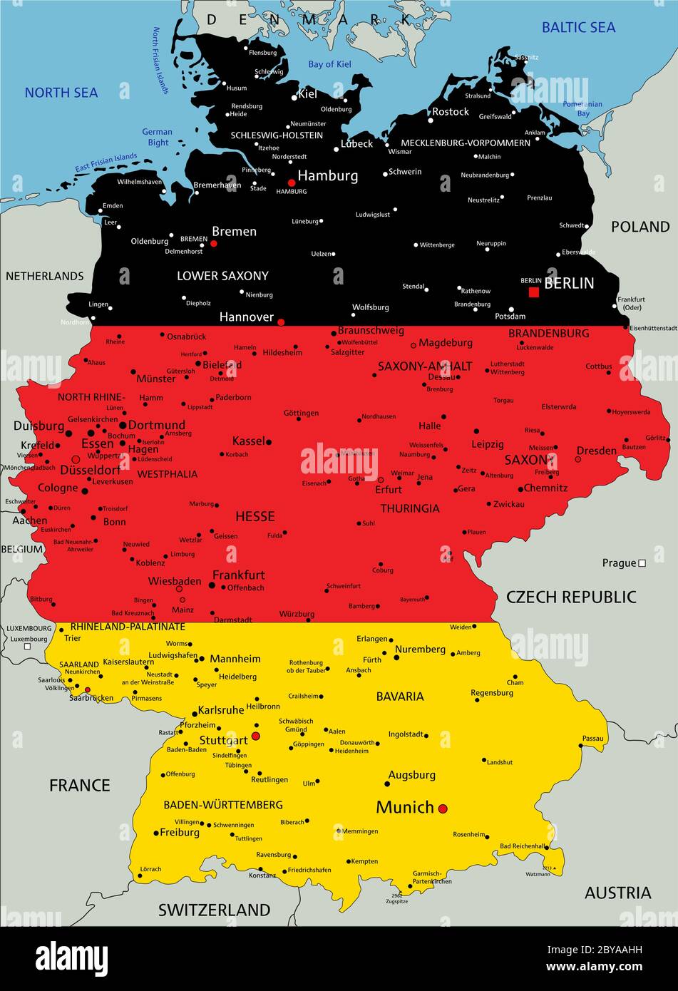Alemania Mapa político altamente detallado con bandera nacional aislada  sobre fondo blanco Imagen Vector de stock - Alamy