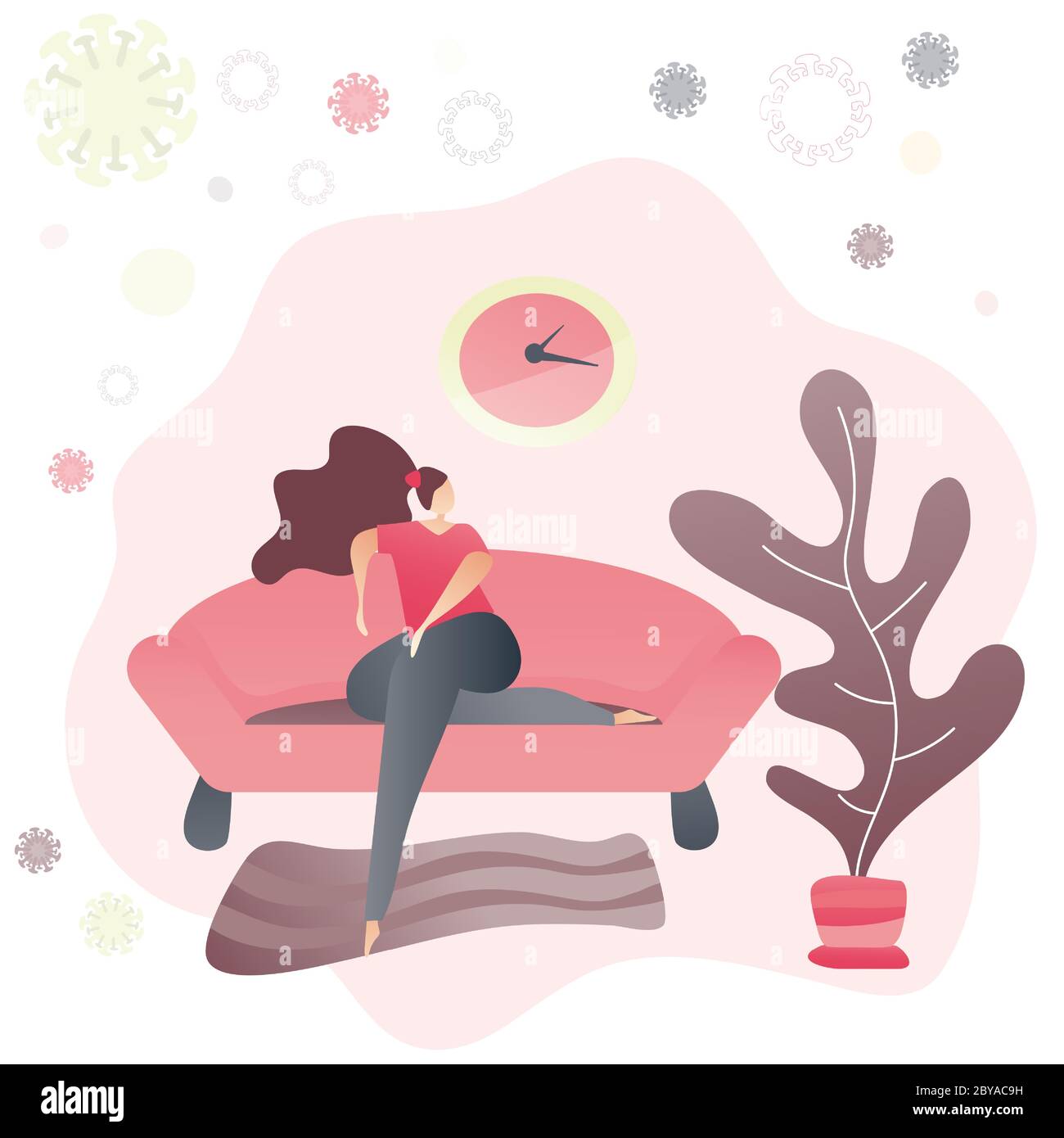 Mujer sentada en un sofá y relajándose durante la epidemia de Coronavirus. Estancia en casa y el concepto de auto aislamiento. Pensamientos positivos y precauciones. Vector Ilu Ilustración del Vector