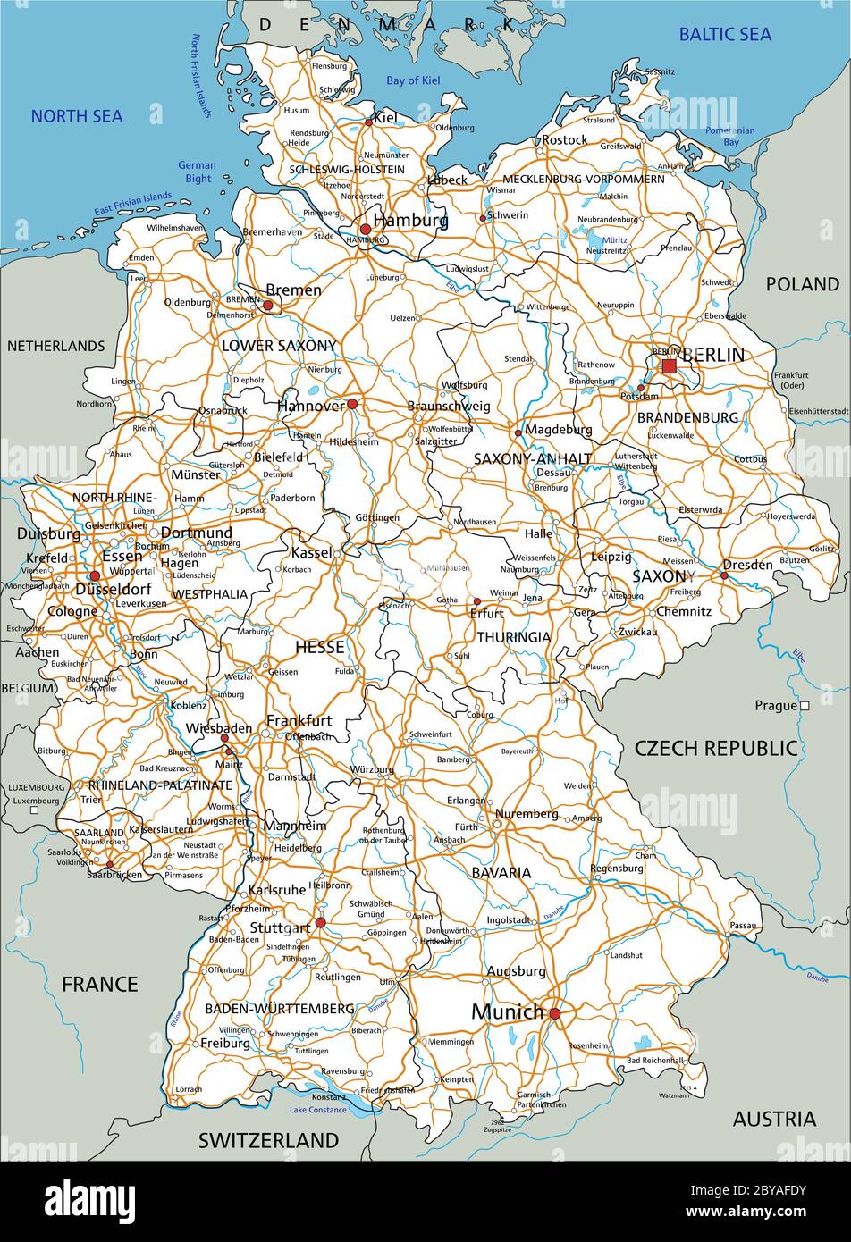 Hoja de ruta de Alemania con alto detalle y etiquetado. Blanco. Ilustración del Vector
