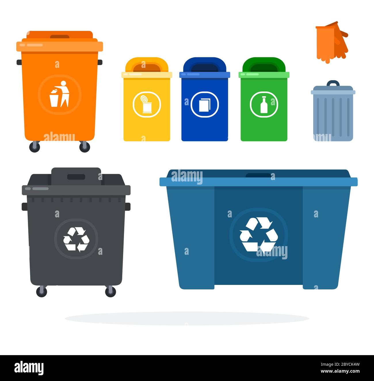 Juego de contenedores de basura para el reciclaje, diferentes formas,  tamaños, colores vector icono plano aislado Imagen Vector de stock - Alamy