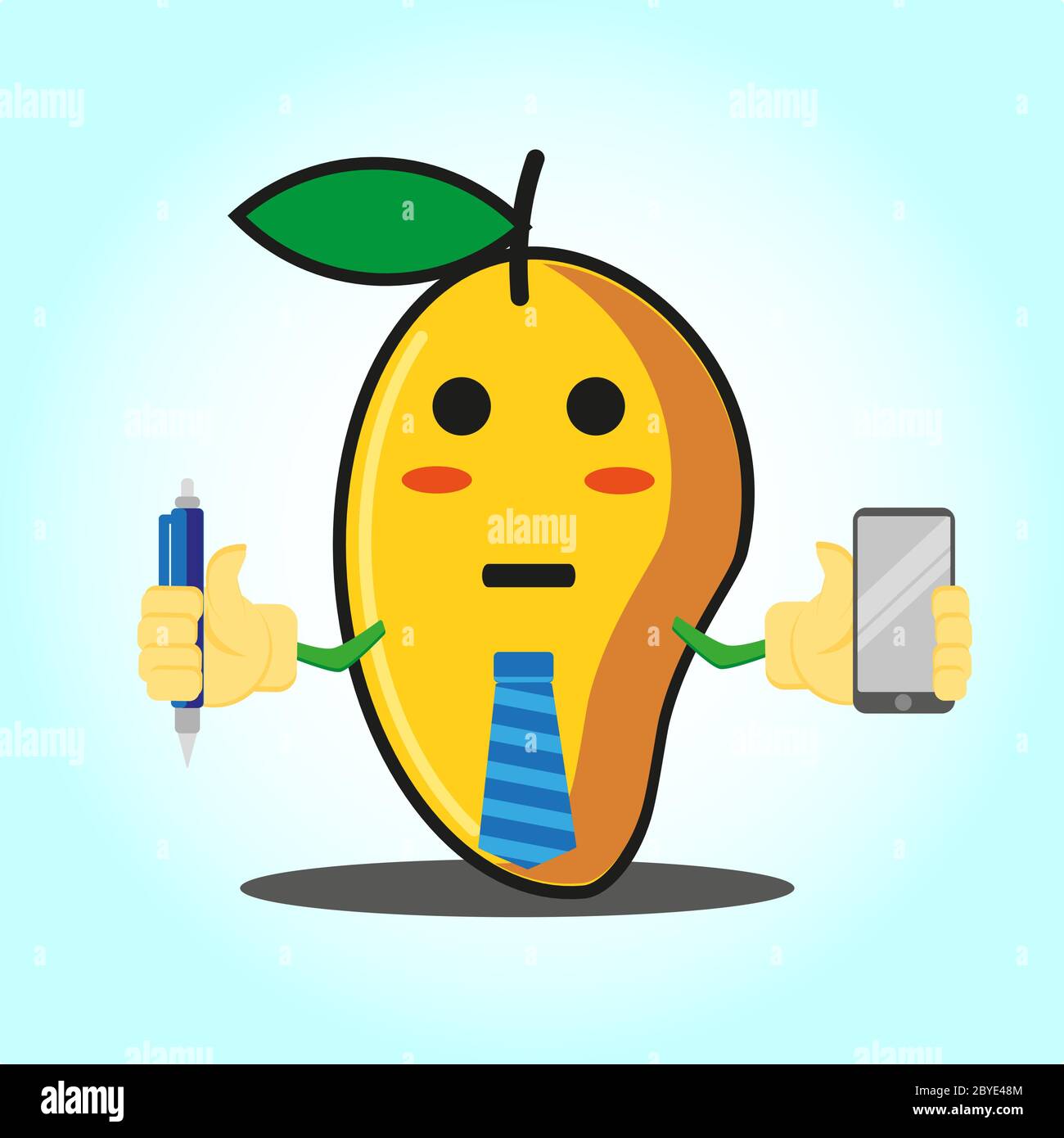 Lindo mango bussines personaje de dibujos animados con pluma, corbata y  smartphone de diseño de imagen Imagen Vector de stock - Alamy