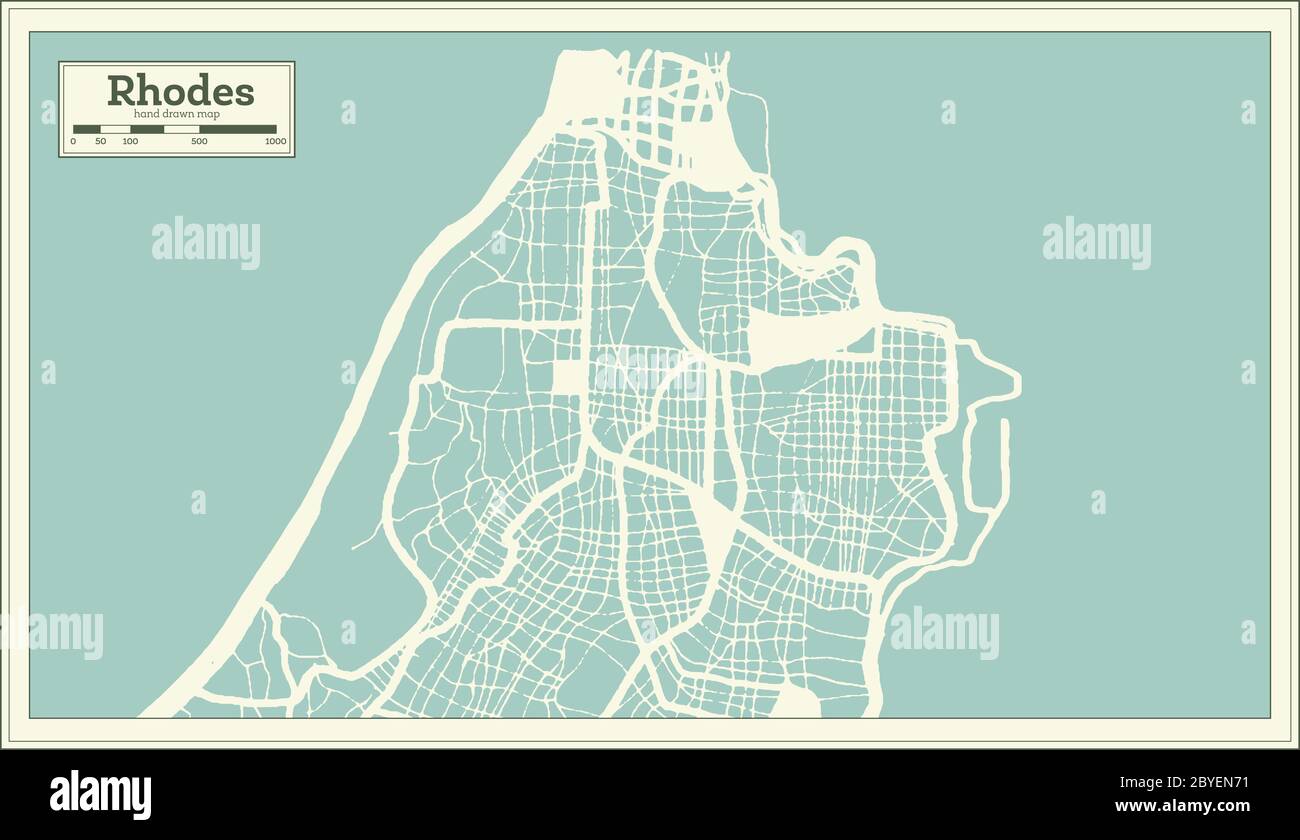 Rodas Grecia Mapa de la ciudad en estilo retro. Mapa de contorno. Ilustración vectorial. Ilustración del Vector
