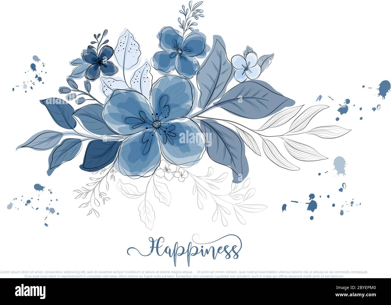 Flores de color azul agua de color azul dibujado a mano con estilo de línea  negra. Vector aislado uso para el diseño, tarjeta de felicitación, bandera  de la naturaleza, fondo floral Imagen