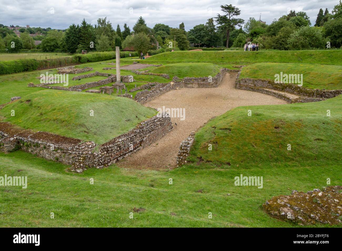 Las ruinas del Teatro Romano de Verulamium, San Albans, Herts, Reino Unido. Foto de stock