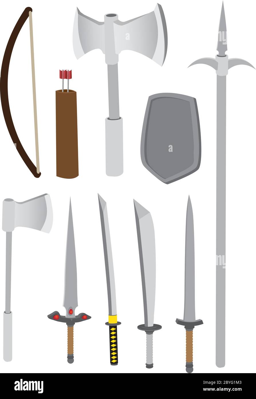 Ilustración vectorial de diferentes tipos de armas de combate medievales  como hacha, arco, flechas, cuchillo, espada y lanza, aisladas sobre fondo  blanco Imagen Vector de stock - Alamy