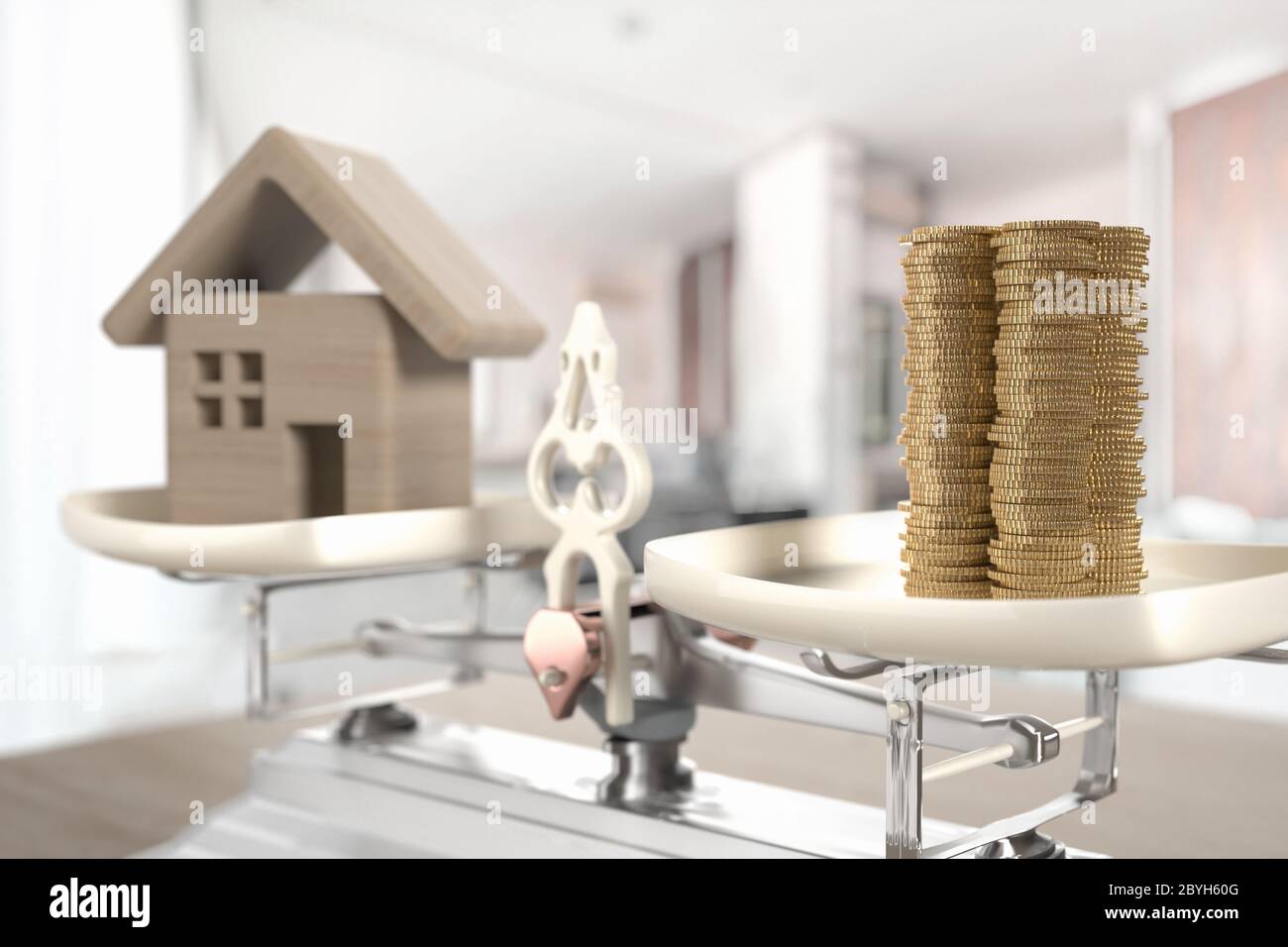 Casa y monedas en la escala como ilustración de un préstamo de vivienda y otros gastos de bienes raíces. ilustración 3d Foto de stock