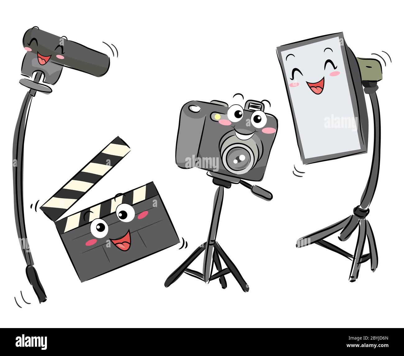 Ilustración de un micrófono, un clapper, una cámara de vídeo y una mascota  de la luz del estudio para grabar vídeos Fotografía de stock - Alamy