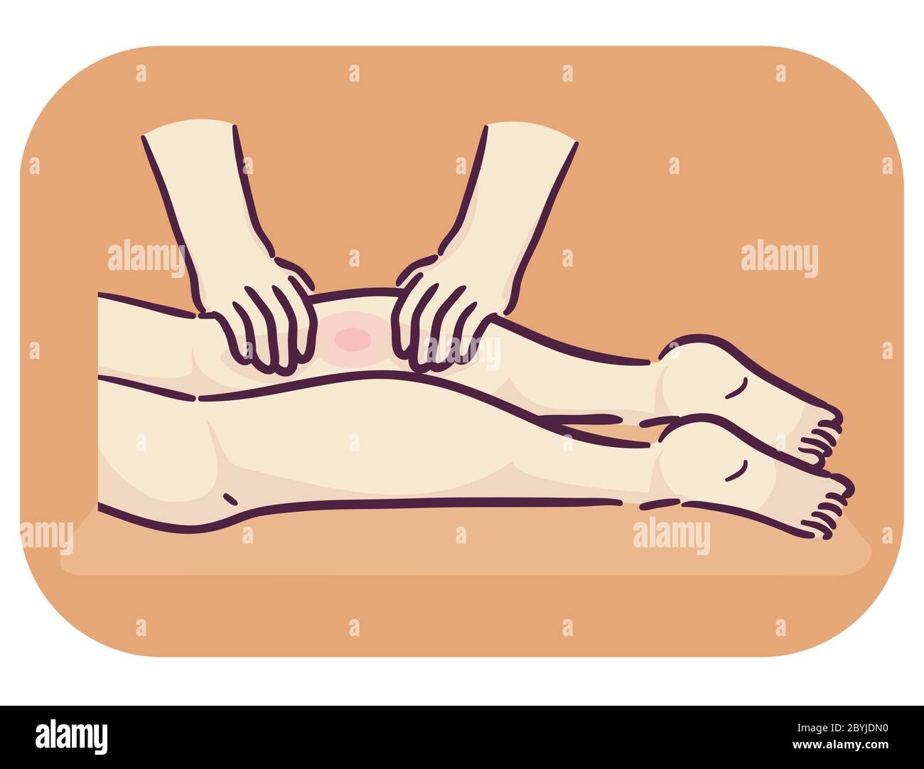 Ilustración de manos de masaje terapeuta masajeando piernas con dolor muscular Foto de stock