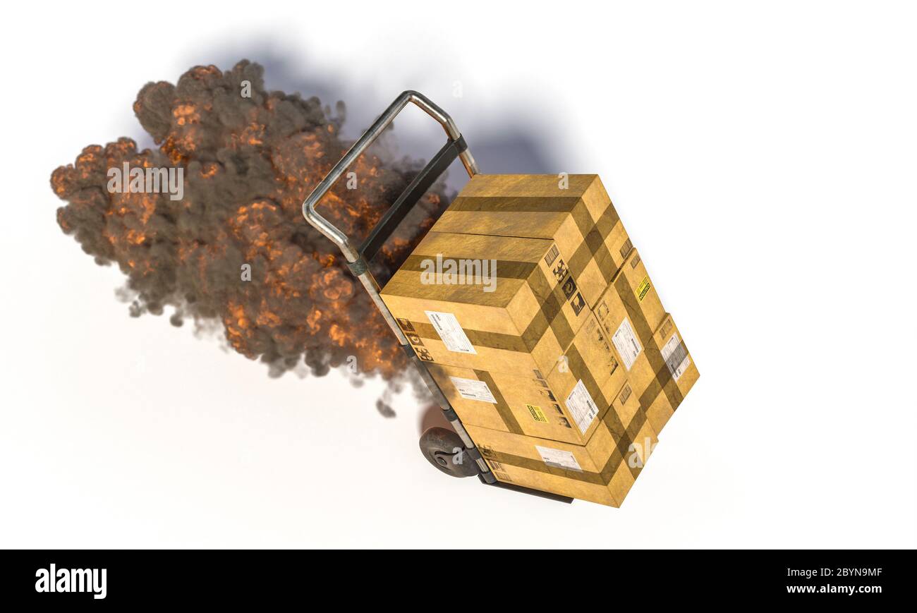 camión de mano con diferentes parcelas con llamas y humo. Concepto de envío rápido y rápido. renderización 3d. Fondo blanco. Foto de stock
