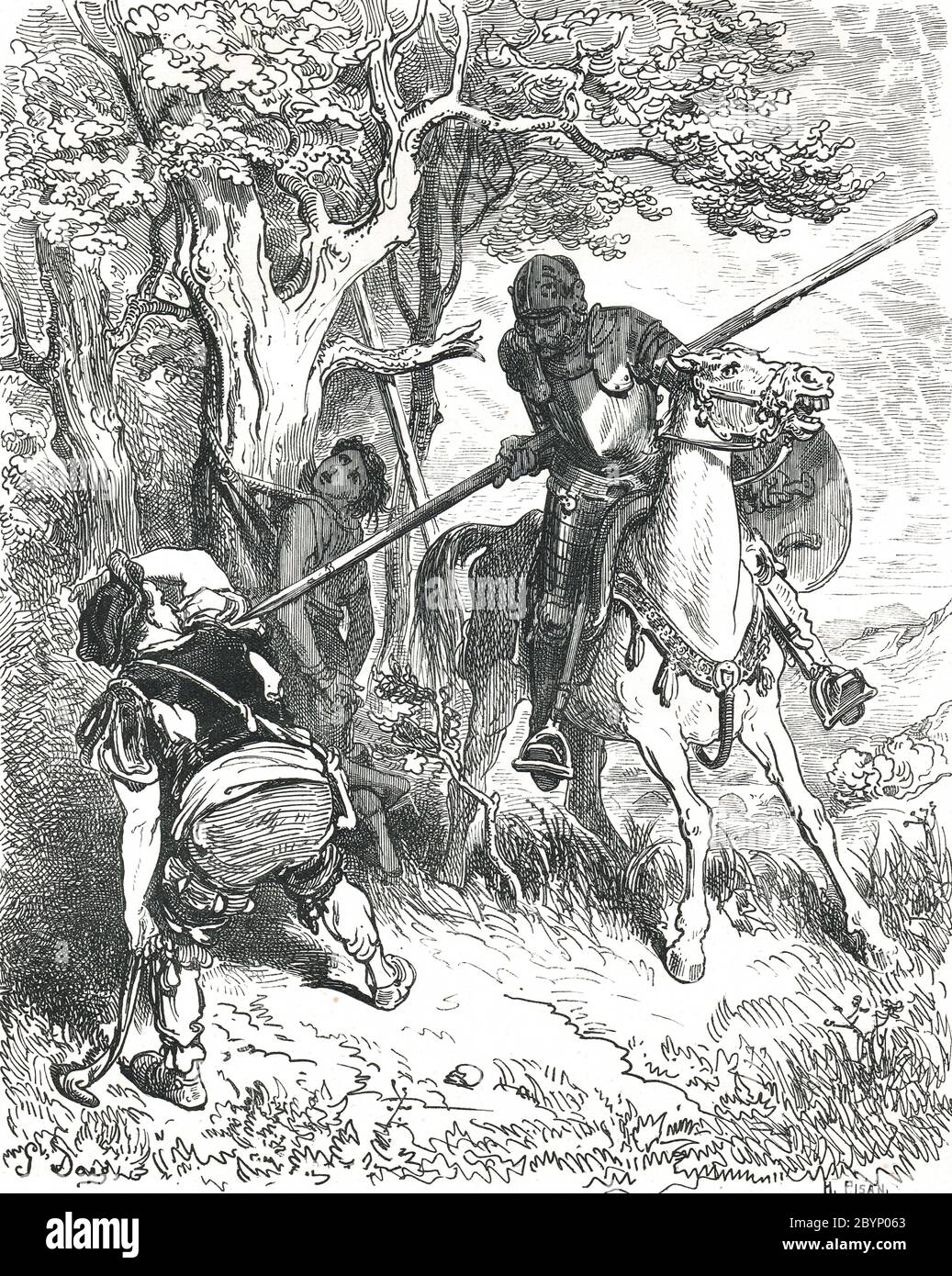 Don Quijote liberando a un joven llamado Andrés, atado a un árbol, siendo golpeado por su maestro. Ilustración de Gustave Dore Foto de stock