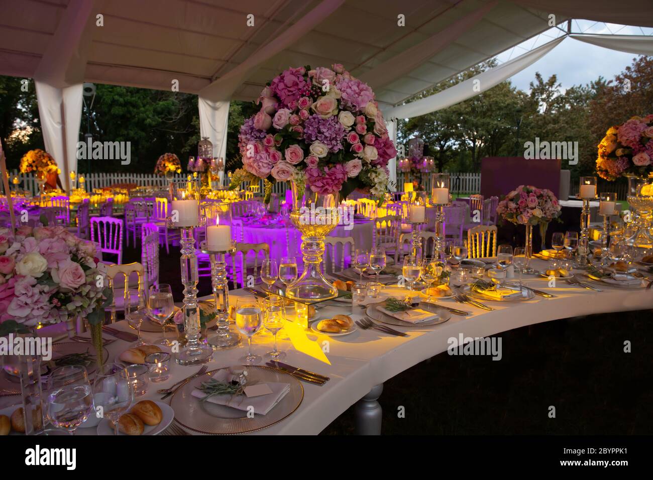 Una lujosa recepción de boda al aire libre en el campo; sillas tiffany rústicas blancas, arreglos florales de mesa, piezas de centro de cristal y b Foto de stock