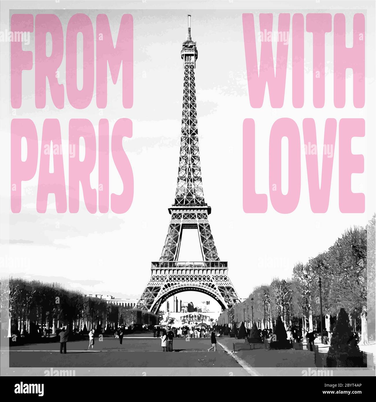 Desde París con Amor - Tarjeta romántica con cita rosa y foto vectorizada de la Torre Eiffel en blanco y negro, Francia, Europa Ilustración del Vector