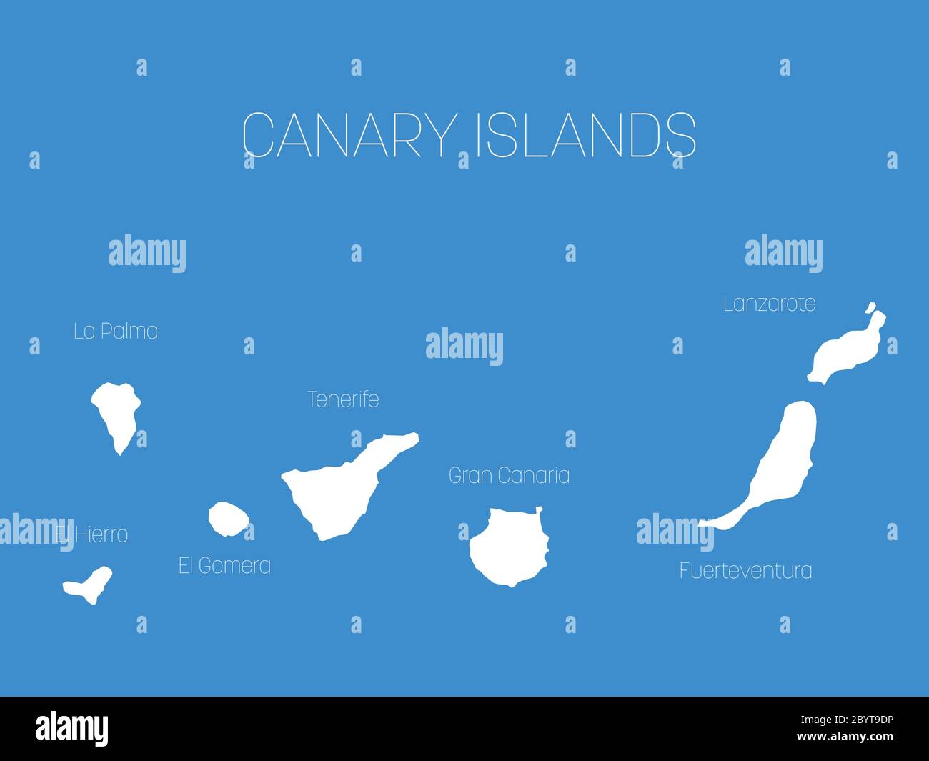 Mapa de Canarias, España, con etiquetas de cada isla - el Hierro, la Palma,  la Gomera, Tenerife, Gran Canaria, Fuerteventura y Lanzarote. Silueta  vectorial blanca sobre fondo azul Imagen Vector de stock -