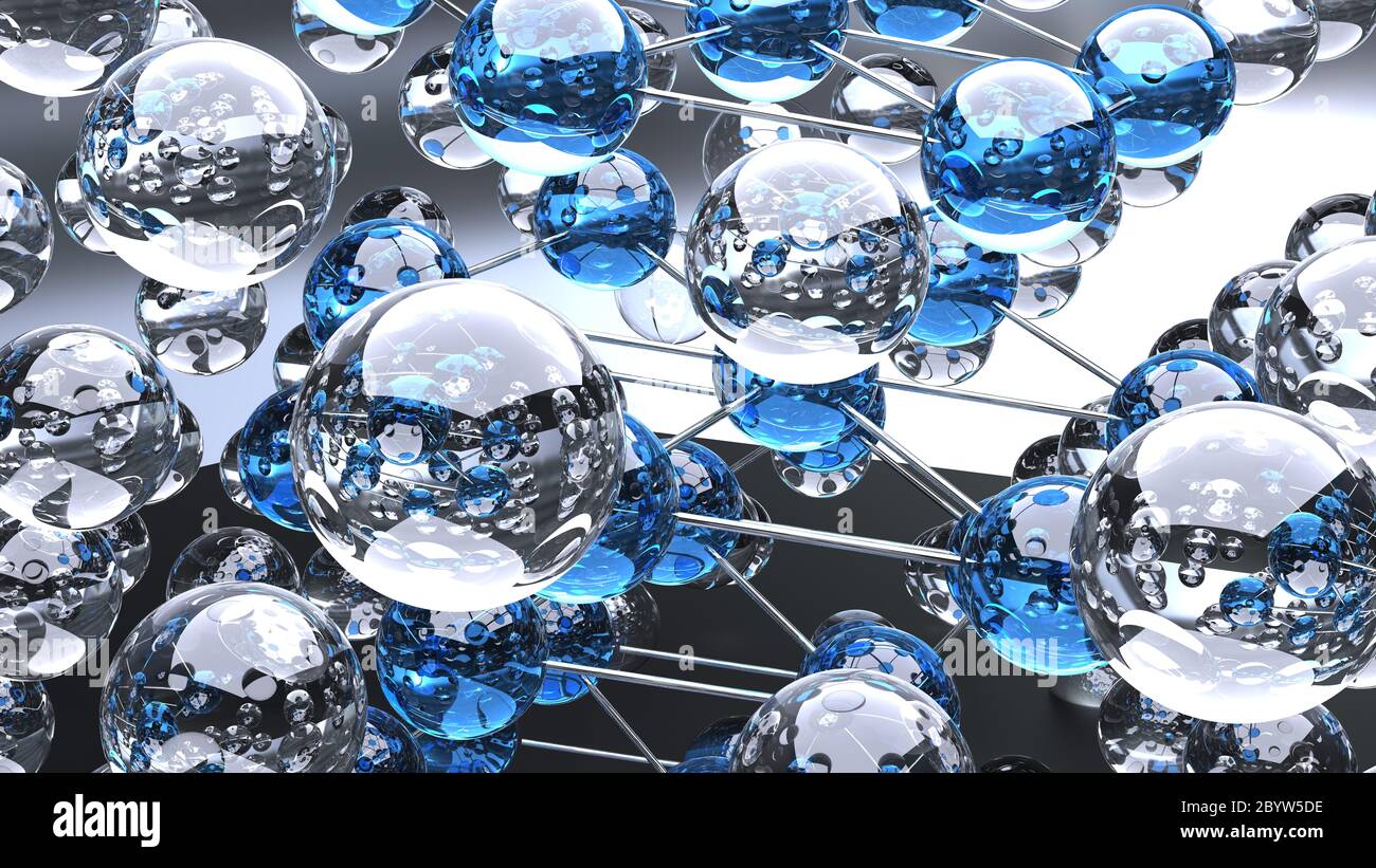 Esferas de vidrio transparente y brillante conectadas como estructura de red - 3D - Ilustración Foto de stock
