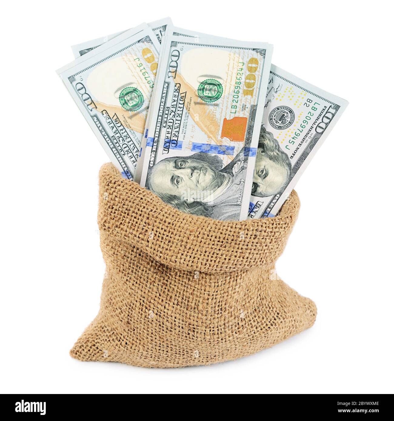 Billetes de dólar en un saco aislado Foto de stock
