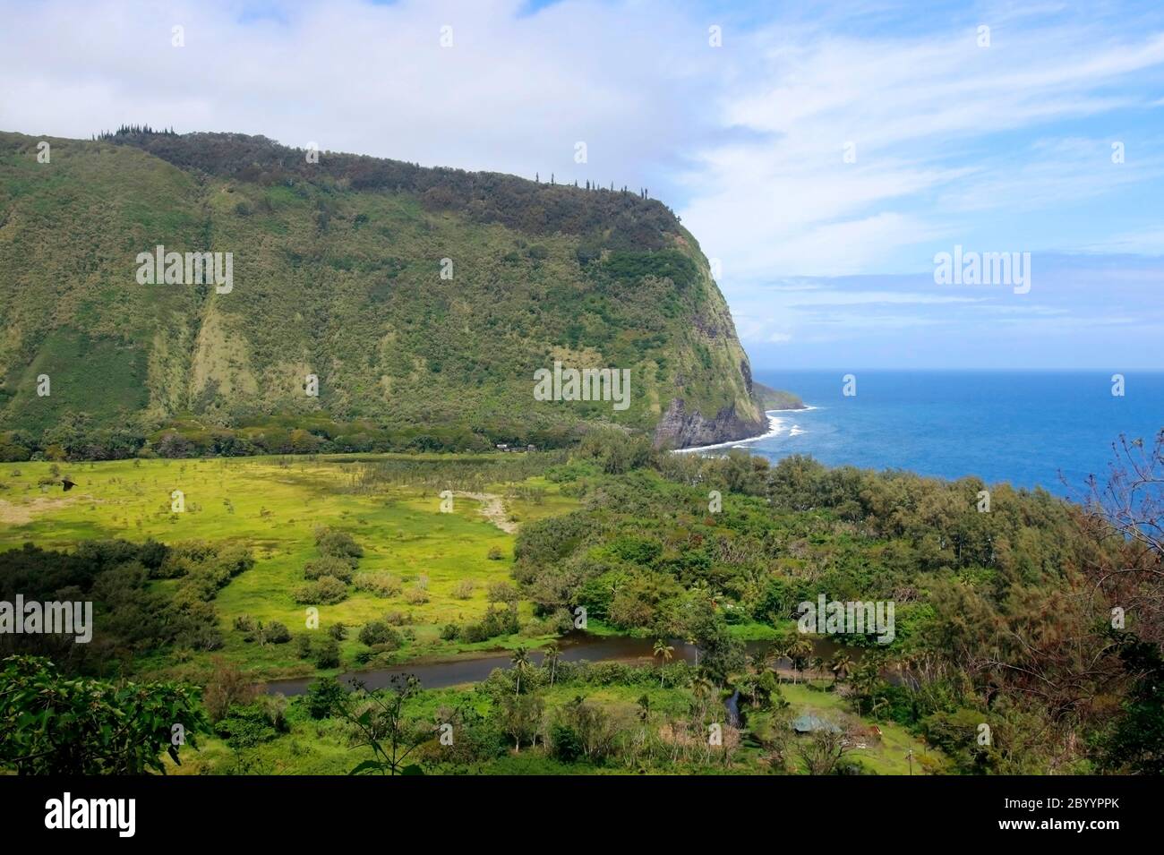 Increíble paisaje del valle de Waipio. Vista aérea con acantilado de origen volcánico en el azul brillante del océano Pacífico agua y valle con barrio residencial Foto de stock