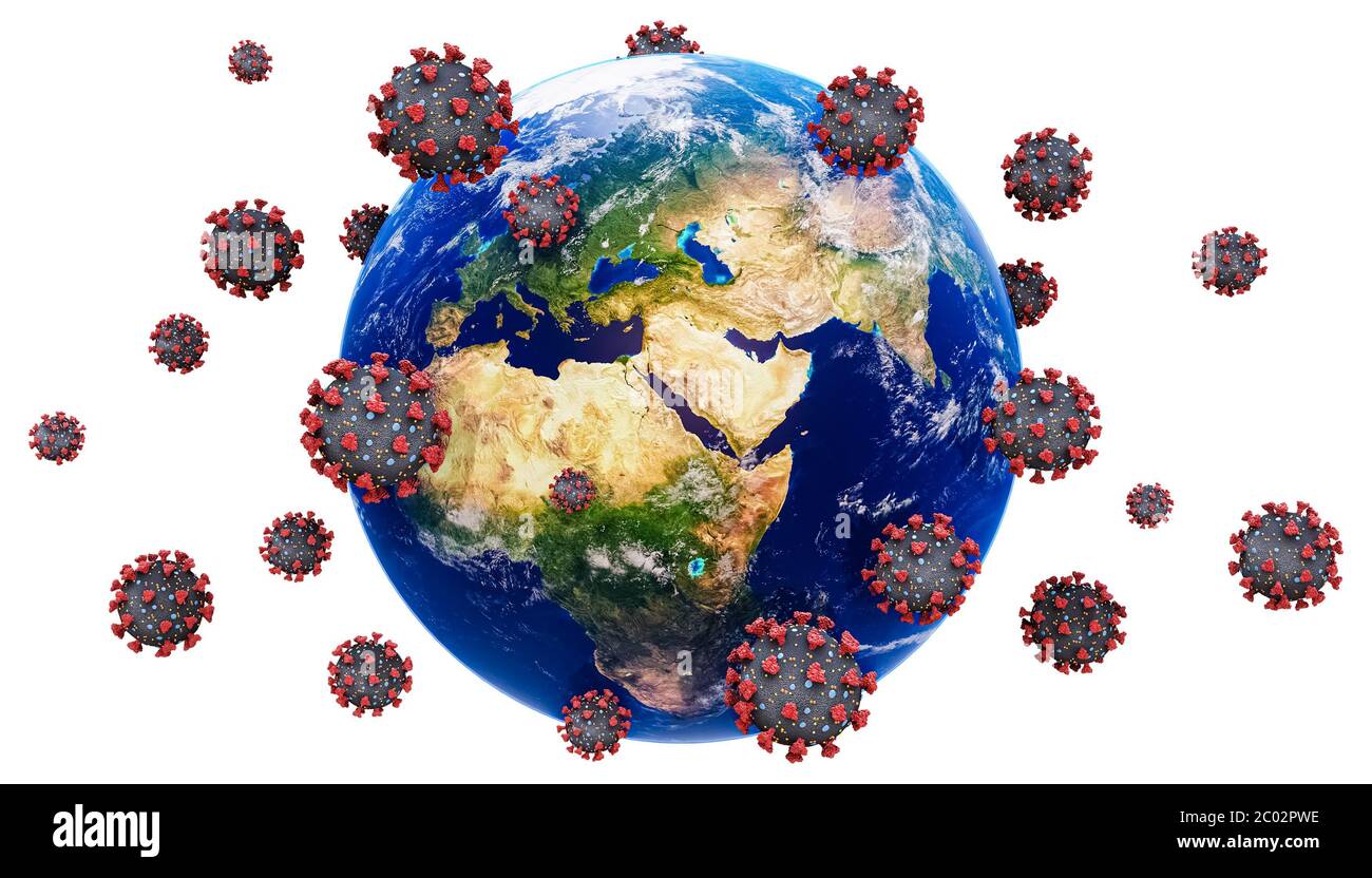 Planeta Tierra y coronavirus o células covid virus aisladas sobre fondo blanco 3D representación ilustración. Pandemia o epidemia mundial y transmisible Foto de stock
