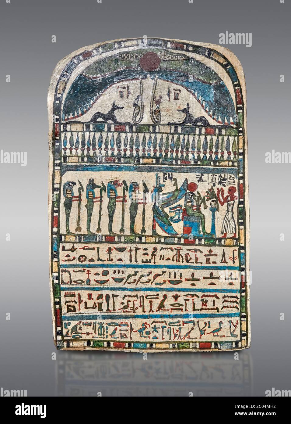 Antigua estela egipcia dedicada por el sumo sacerdote Padiamenemipet a Ra-Harakhty, piedra caliza, período tardío, XXVI Dinastía, (580-520 AC), Deir el-Medina, Gato Foto de stock
