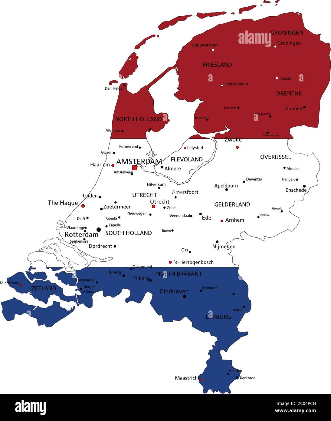 Países Bajos Mapa político detallado con bandera nacional aislada sobre fondo blanco. Ilustración del Vector