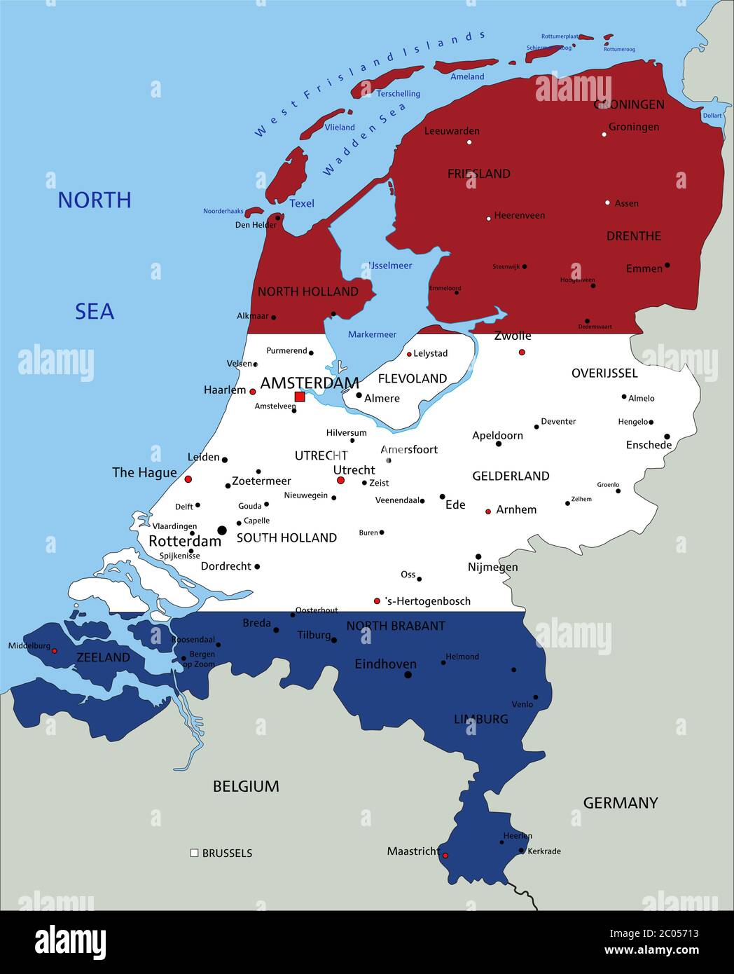 Países Bajos Mapa político detallado con bandera nacional aislada sobre fondo blanco. Ilustración del Vector