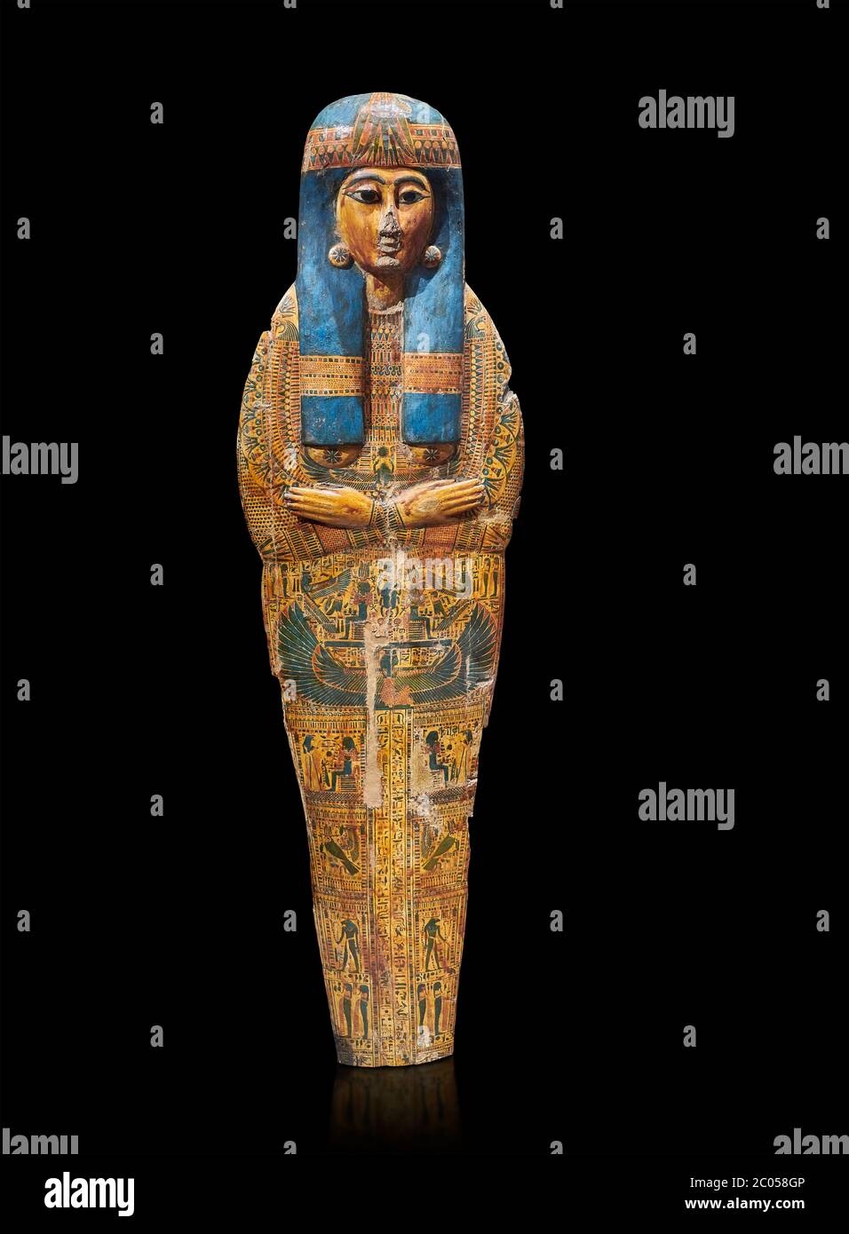 Antiguo ataúd interno de sarcófago egipcio del cantante Tabakenkhonsu, Templo de Hatshepsut en Deir el-Bahri. Tebas, segunda mitad de la 21ª Dinastía, 680–670 B. Foto de stock