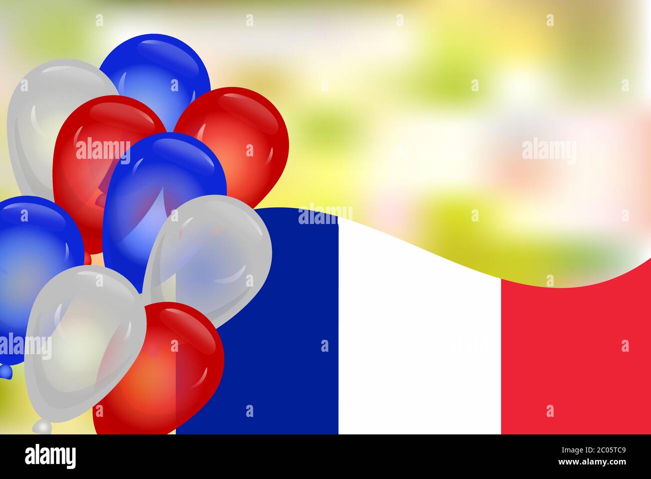 Bandera de Francia, globos de colores y fondo borroso. Día festivo
