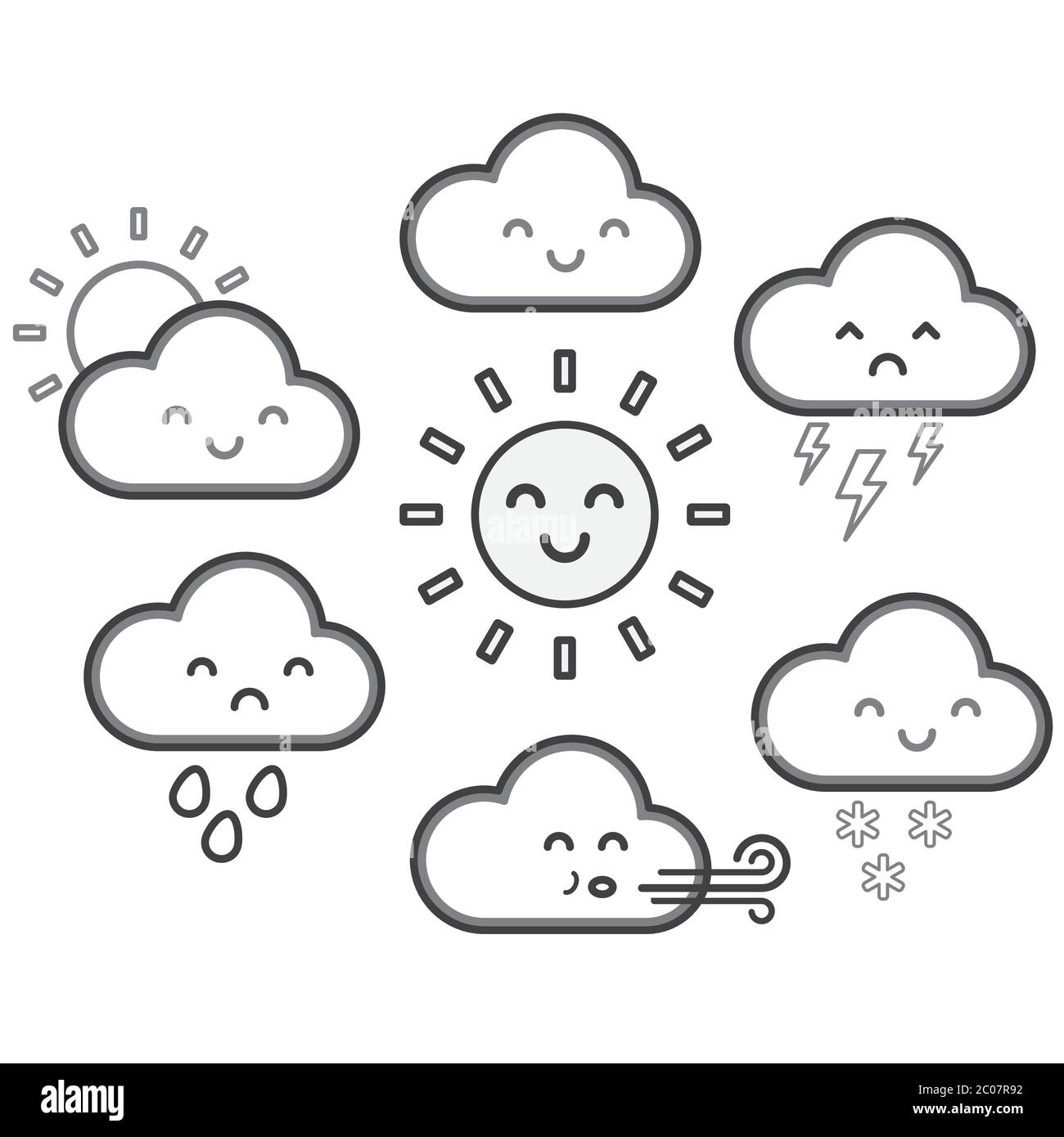 Lindo kawaii dibujos animados símbolos del tiempo con caras. Ilustración  vectorial de niños de sol, nubes, lluvia, nieve, viento y truenos. Los  iconos de la nube se han acabado Imagen Vector de