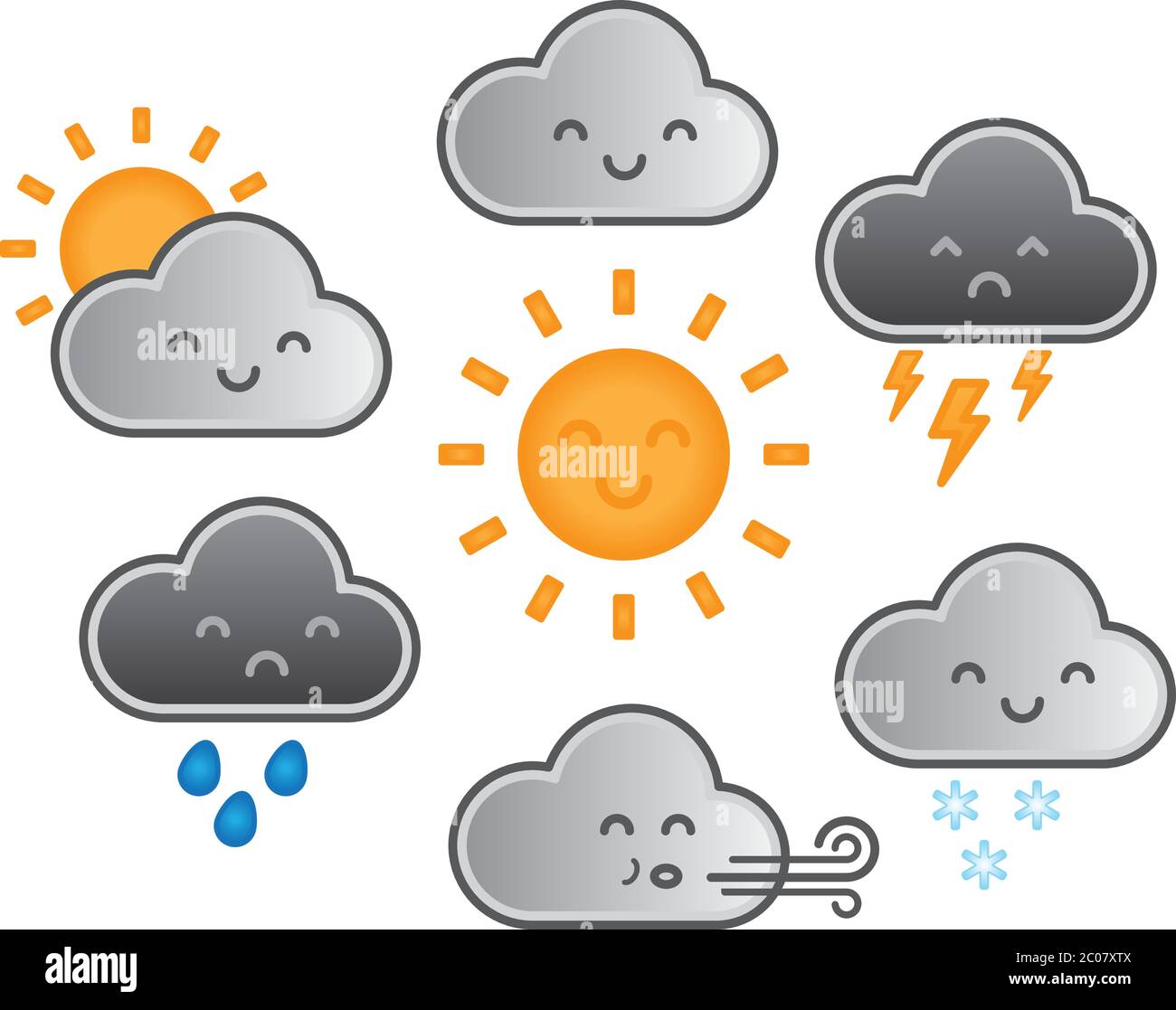 Lindo kawaii dibujos animados símbolos del tiempo con caras. Ilustración  vectorial para niños con gradientes de sol, nubes, lluvia, nieve, viento y  trueno. Nube Imagen Vector de stock - Alamy