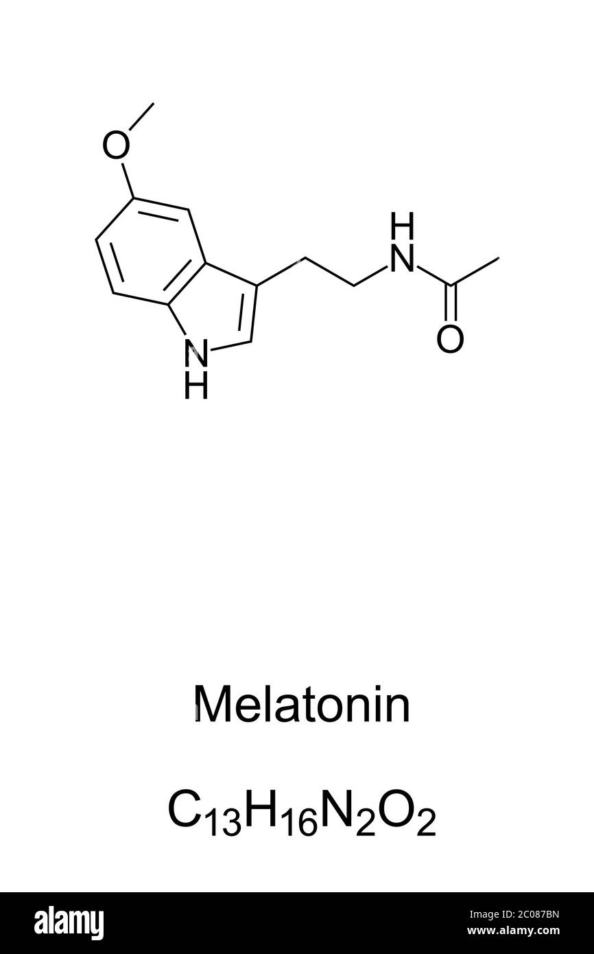 Melatonina, fórmula esquelética y estructura molecular. Hormona que regula el ciclo sueño-vigilia, liberada principalmente por la glándula pineal. Foto de stock