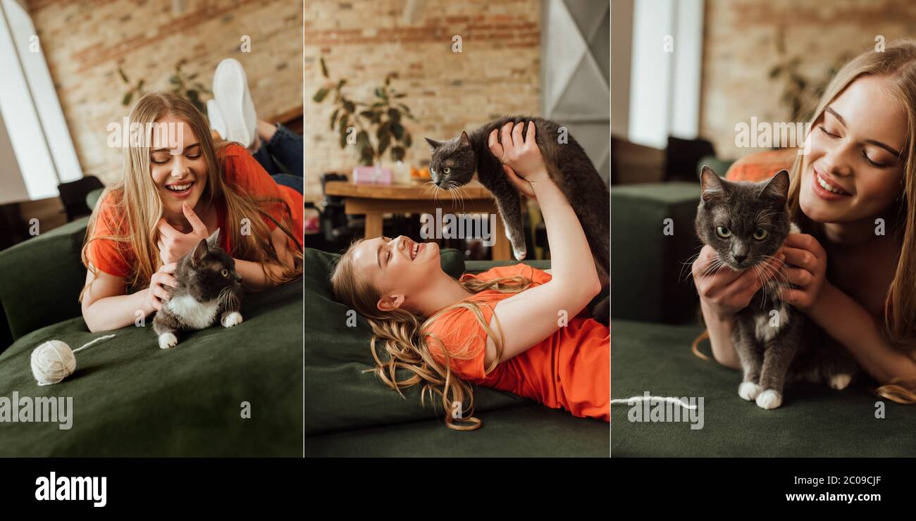 Collage De Mujer Alegre Acostada En El Sofa Y Tocando Lindo Gato Cerca De La Bola De Hilo En El Salon Fotografia De Stock Alamy