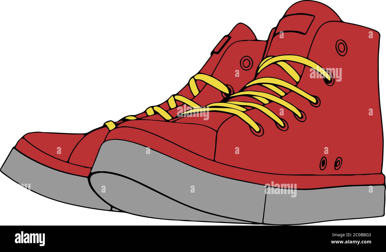 Un Par De Zapatillas Textiles Rojas Con Puntera De Goma Y Cordones.  Impresión a Mano Con Contorno. Zapatos Para Deportes Y Recreac Ilustración  del Vector - Ilustración de rojo, deslumbrante: 174673554