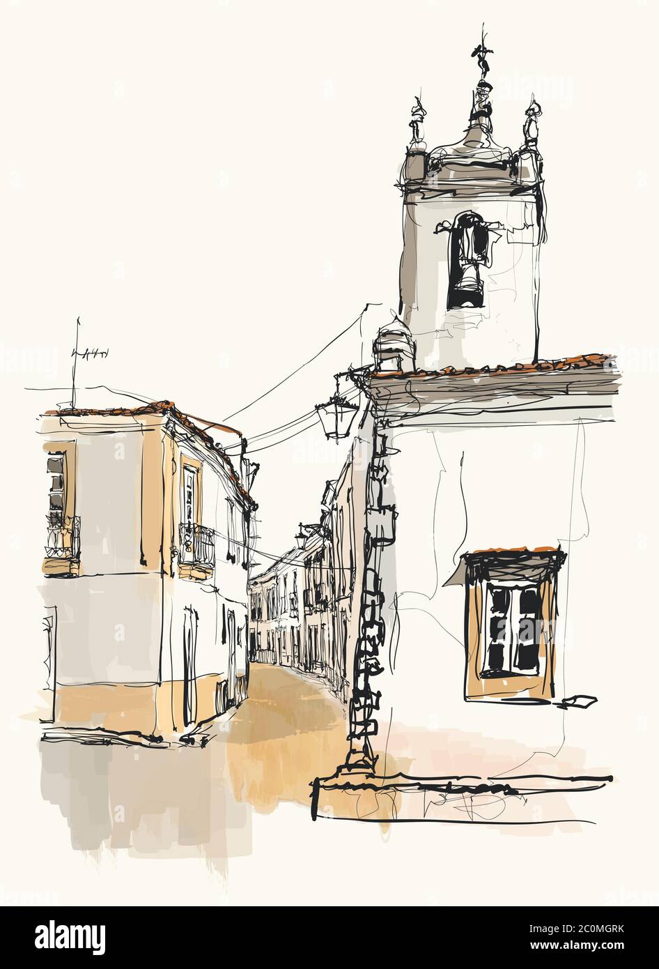 Calle estrecha típica en un pueblo de la región de Alentejo, Portugal - ilustración vectorial (ideal para imprimir en tela o papel, póster o papel pintado, ho Ilustración del Vector